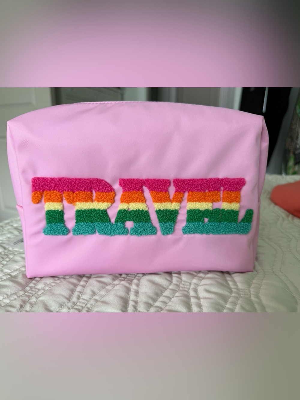 Shiraleah Pink Travel Pouch with Rainbow Chenille Lettering